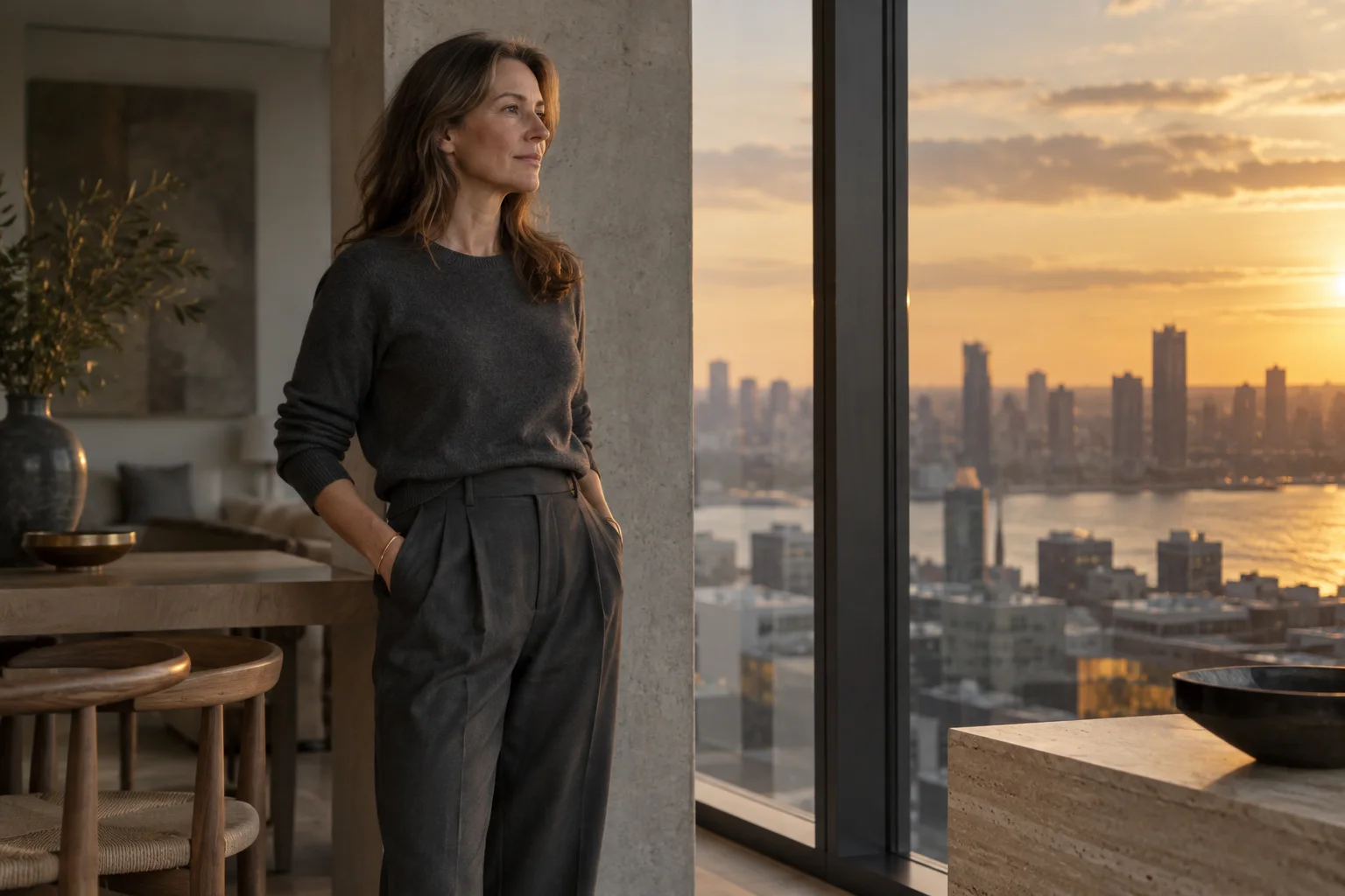 Woman standing by a window overlooking the city at dusk