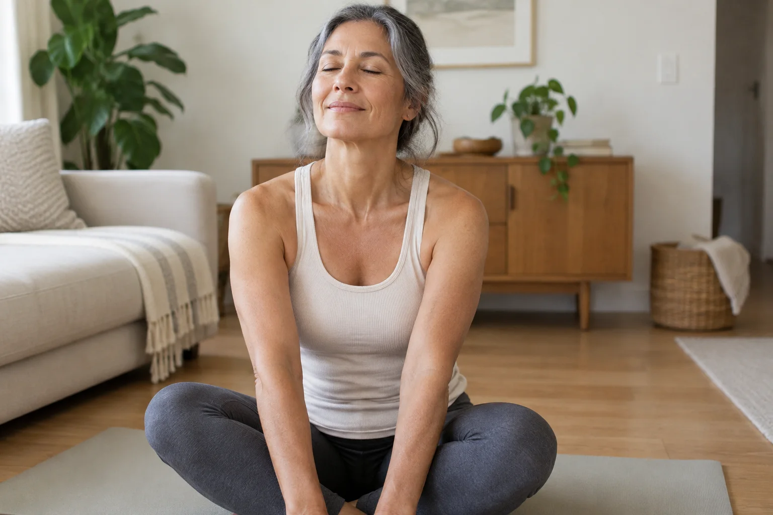 Woman stretching on the floor in a sunlit room