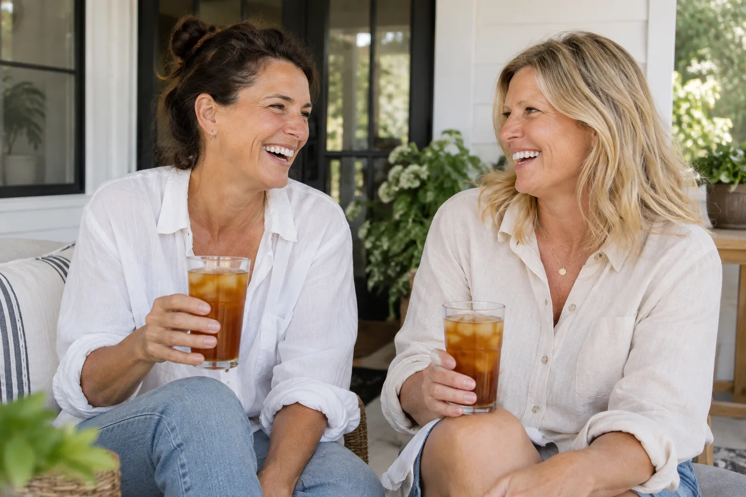 Two women laughing together at home